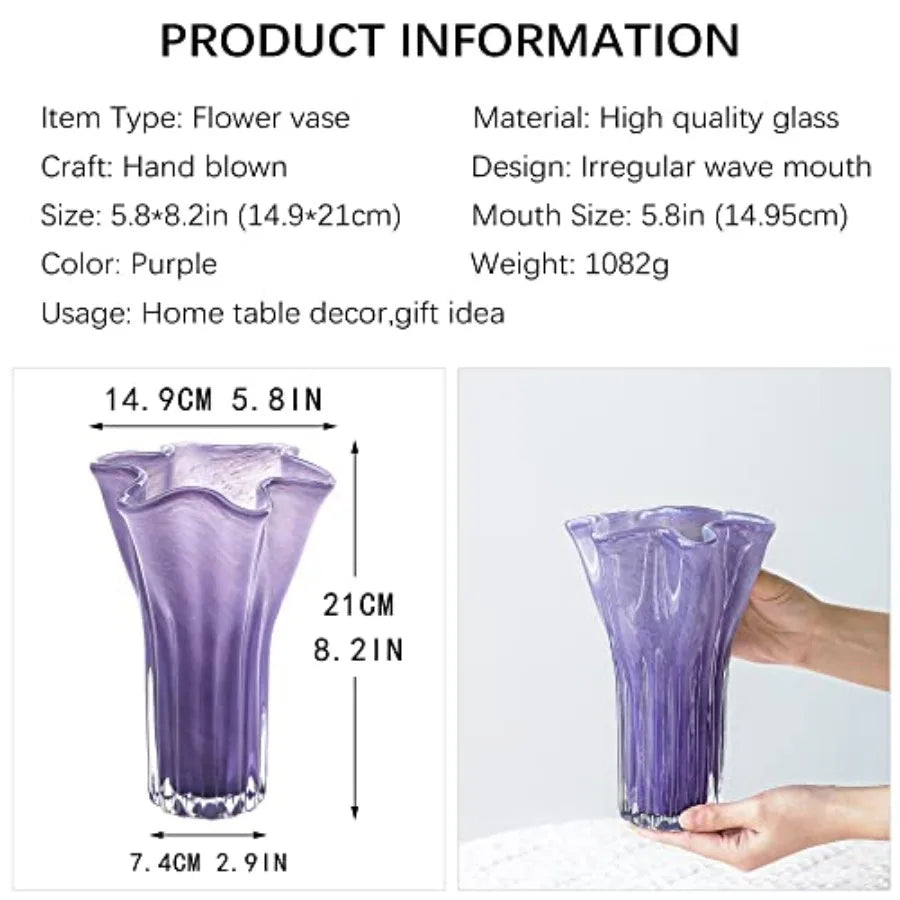 8'' Blown Glass Flower Vase for Home Wedding Modern Centerpieces Decorative Purple