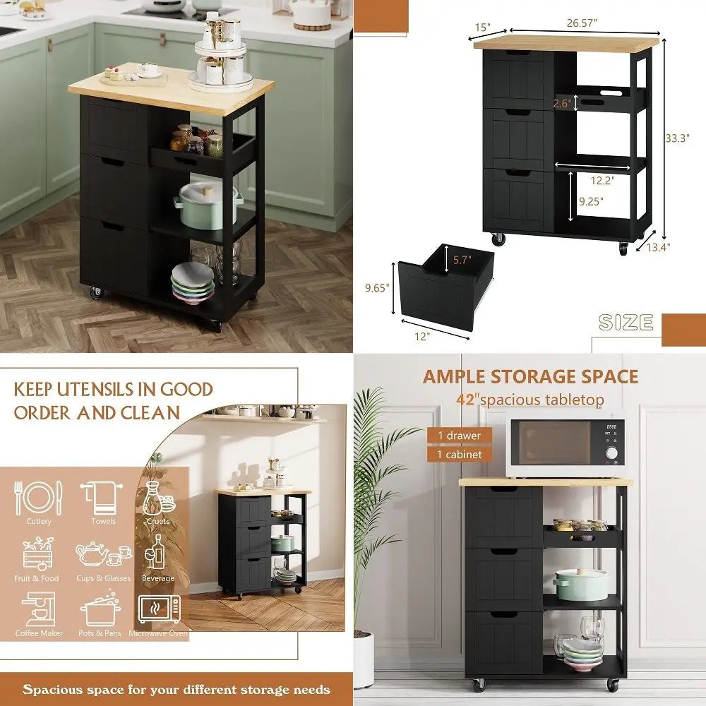 Kitchen Island with Storage Cart Rolling Coffee Small Butcher Block Table Microwave with 3 Drawers on Wheels Station Portable M