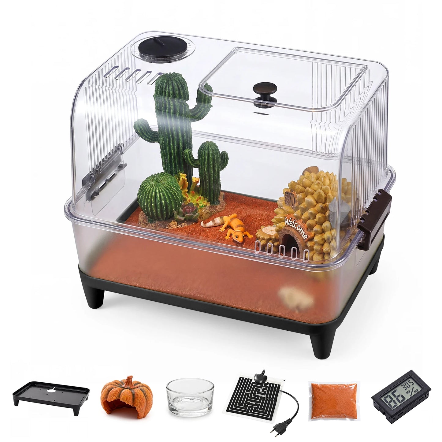 Reptile Tank Starter Kit, Reptile Terrarium Kit, Acrylic Small Reptile Habitat with Lid, Heating Pad, Hygrometer, Bowl,Hide, Sand for Reptiles,Tarantula,Lizards,Frogs,Geckos,or Hermit Crabs