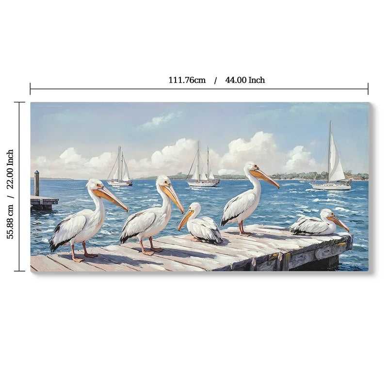 Large Blue Ocean Seagull Canvas Art for Living Room, Modern Coastal Seascape Wall Decoration, 22" x 44