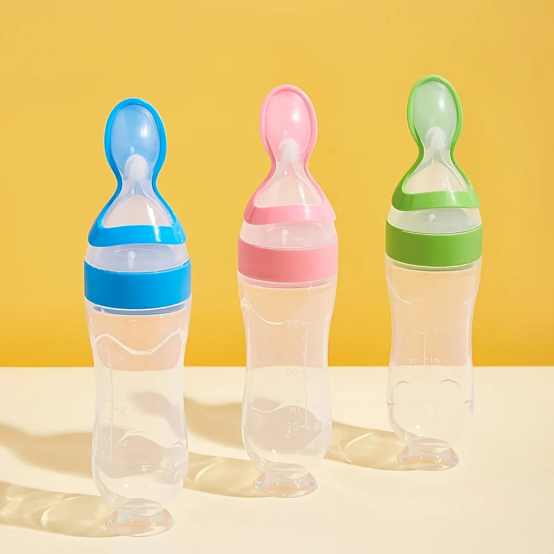 3pcs/2pcs 90ml/3oz Silicone Baby Bottle with Spoon Feeder and Suction Cup,Food Supplement Rice Cereal Squeeze Bottle Spoon Milk Feeding Bottle