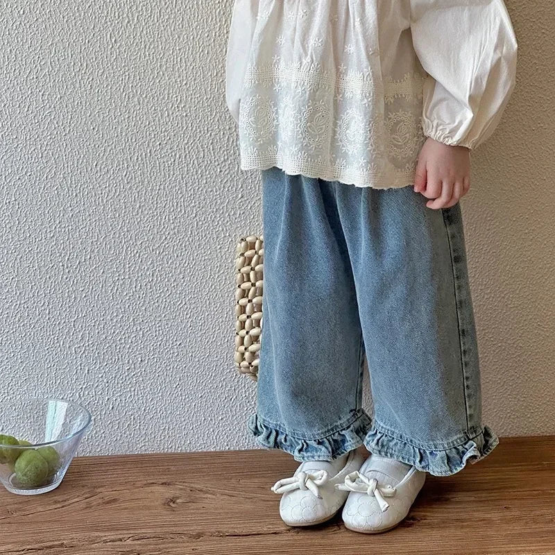 Kids Jeans Girls New 2025 Spring  Autumn Childrens Fashion Casual Wide-leg Pants Lace Princess Sweet and Lovely