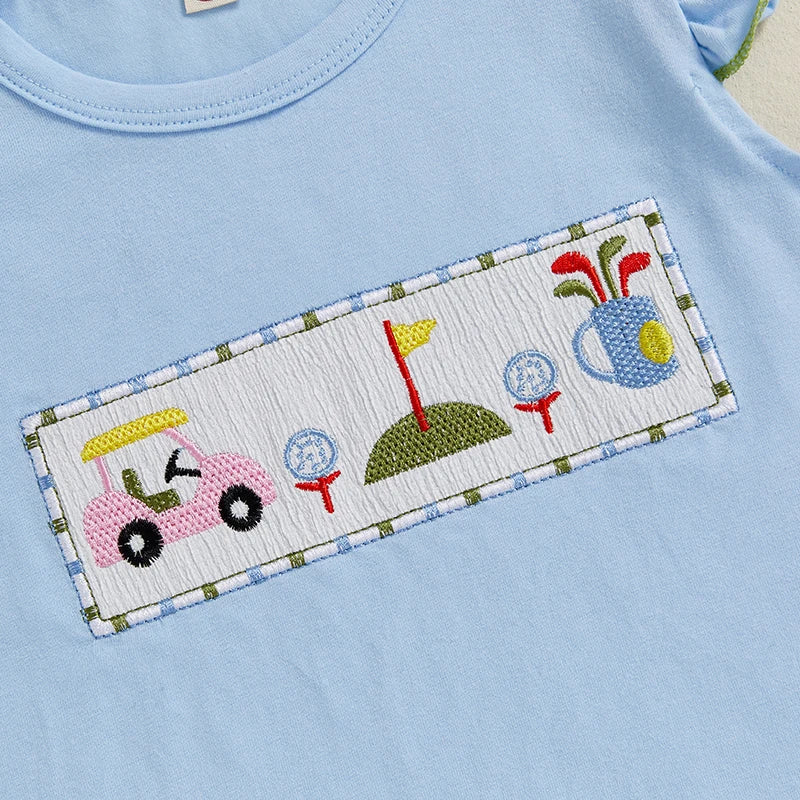 Adorable Baby Girls Summer Outfits with Embroidered Golf Design Flutter Sleeves and Elastic Ruffle Plaid Shorts - Stylish