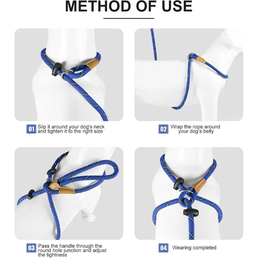 3 in 1 Adjustable No Pull Rope Dog Harness with Reflective Leash and Collar for Large and Giant Breeds Ideal for Outdoor Walkin
