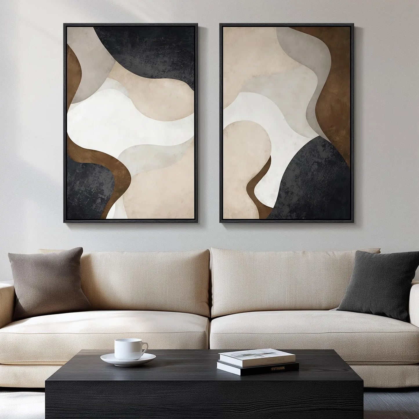 Framed Neutral Abstract Wall Art Set of 2, Black Beige Modern Canvas Prints Paintings Artwork for Walls, Minimalist Block Lines Pictures for Living Room, Dining Room, Bedroom Wall Decor 16x24 In