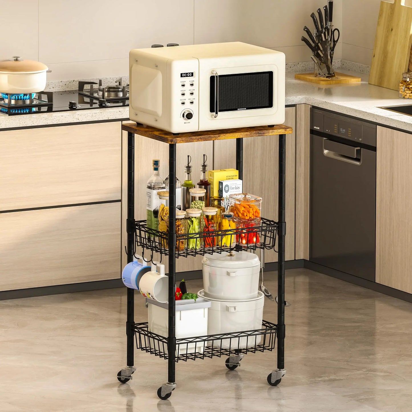 Homeiju Rolling Kitchen Storage Cart, 3-Tier Storage Rack On Caster Wheels With Adjustable 2 Baskets, Coffee Station Cart Rack S