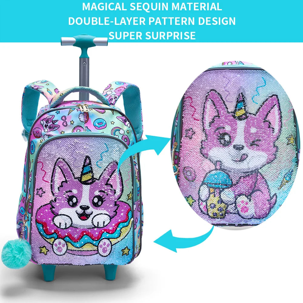 3PCS Kids travel bag, Luggage Bag, Bookbag with wheels, With Lunch Box And Pen Bag, Green Puppy sequin, Nighttime reflective