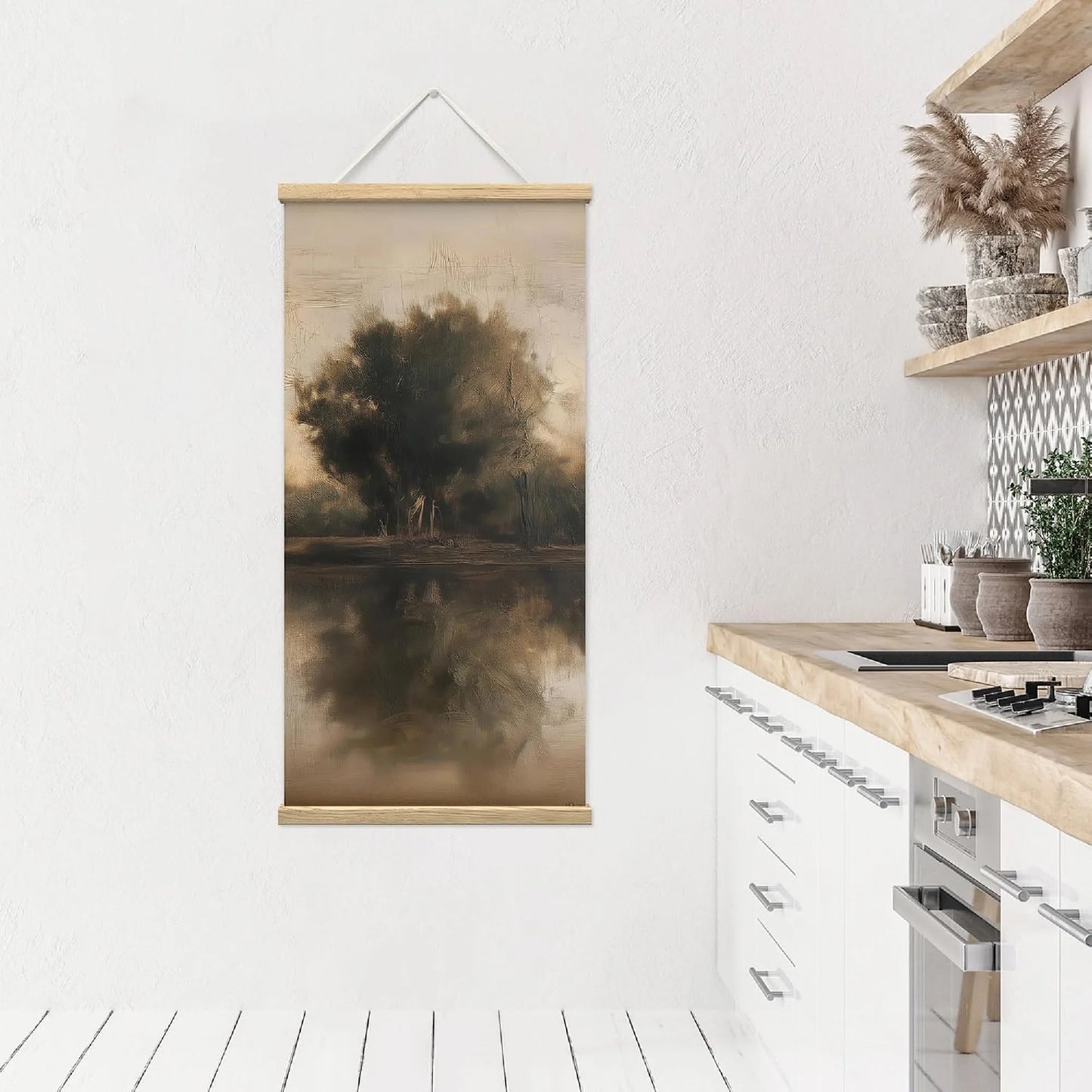 Wooden Framed Hanging Poster Neutral Sepia Lake Tree Reflection Wall Picture Poster Artwork for Home