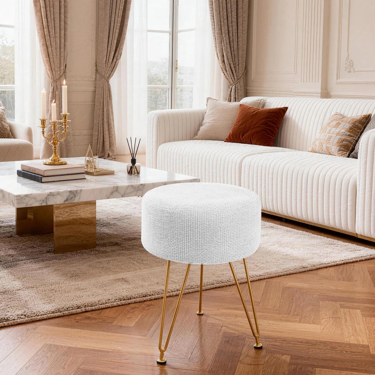 JHK Round Ottoman Velvet Footrest Chair Living Room Vanity Stool with 4CM Thick Cushion 350LBS Heavy-Duty Makeup Stool for Home