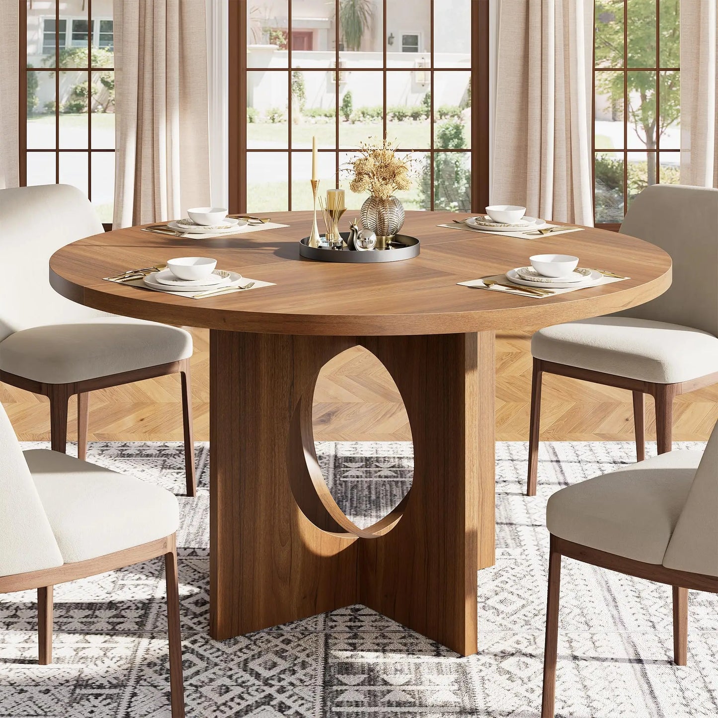 Round Dining Table for 4-6, Wood Dining Room Table, Kitchen Dinner Tables | 47.2'' Farmhouse Dining Room Table with Wooden Pedestal Base, Circle, for Living Room, Balcony, Apartment, O-Shape