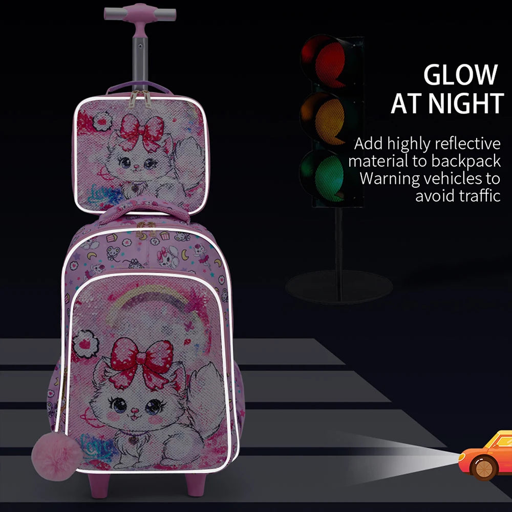 3PCS Kids travel bag, Luggage Bag, Bookbag with wheels, With Lunch Box And Pen Bag, Pink Cat sequin, Nighttime reflective