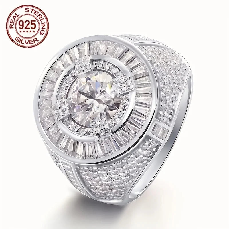 Luxury Men's Solid 925 Sterling Silver Circular Baguette Solitaire Ring Icy Large Pinky Rings Hip Hop Jewelry Gift For Husban