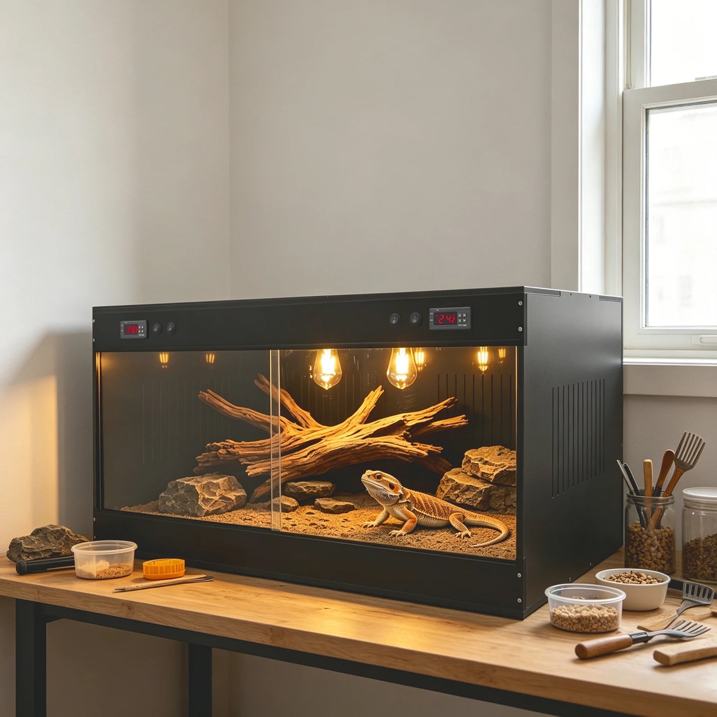 Reptile Tank, Large Reptile Terrarium with Viewing Window & Dual Temperature Controllers for Gecko Snake Turtle