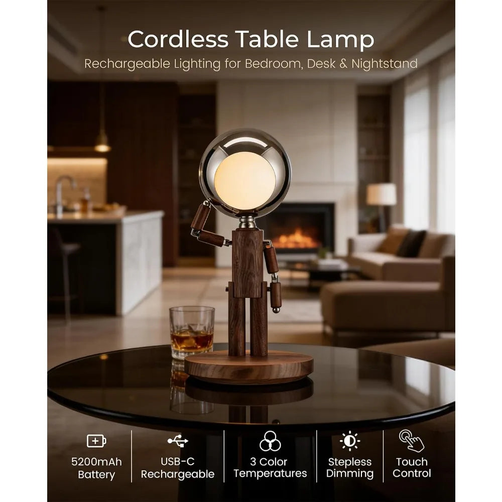Rechargeable Cordless Table Lamp, Dimmable Wooden Desk Light, Touch Control, 3 Temperatures, Home Decor Gift