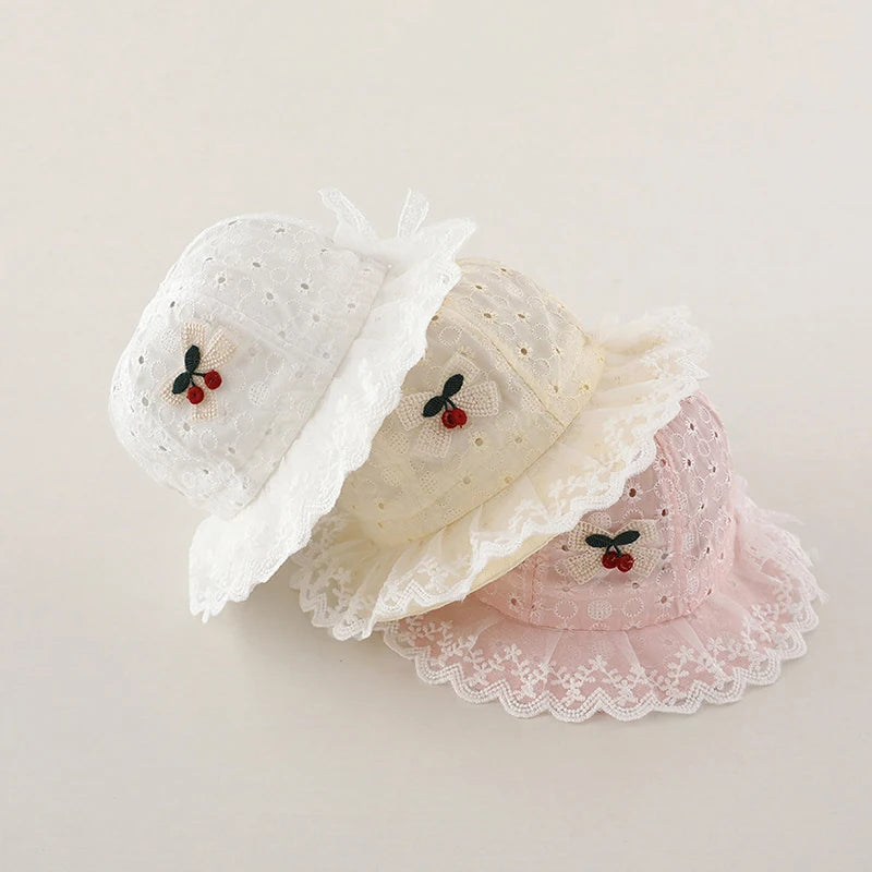 0-12M Infants Lace Fisherman Cap Princess Baby Sunscreen Basin Caps Cute Cherry Bucket Hat Kids Summer Thin Hollow Cotton Visors