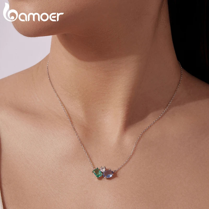 Bamoer 925 Sterling Silver Necklace Blue Green Stone  White Gold Zirconia Pendant Adjustable Chain for Women Fine Jewelry Gift