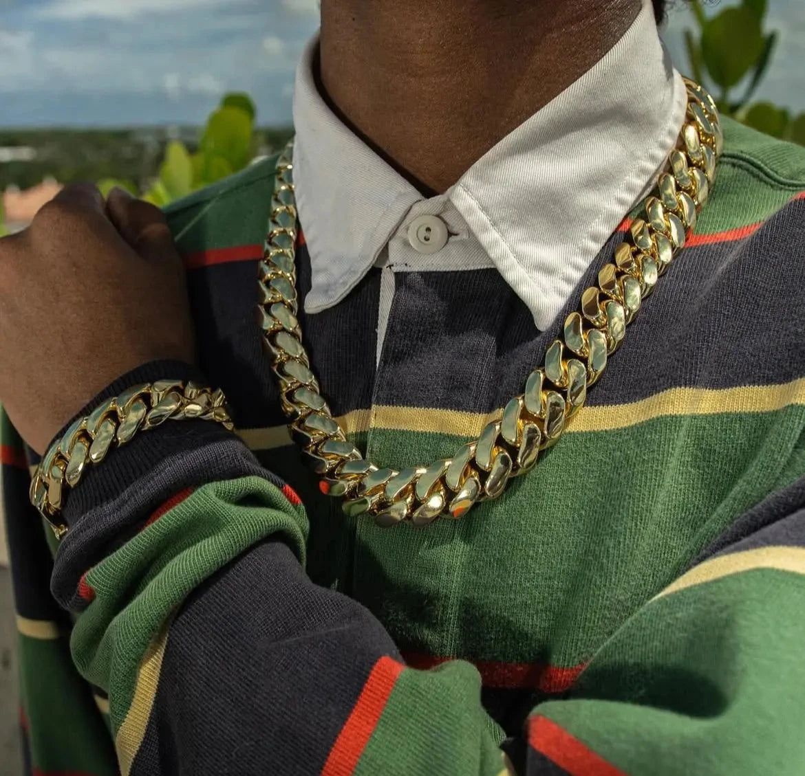 14-22mm Hip Hop Bling Gold Color Stainless Steel Dense Cuban Miami Link Chain Necklaces 14k Gold-plated for Men Rapper Jewelry